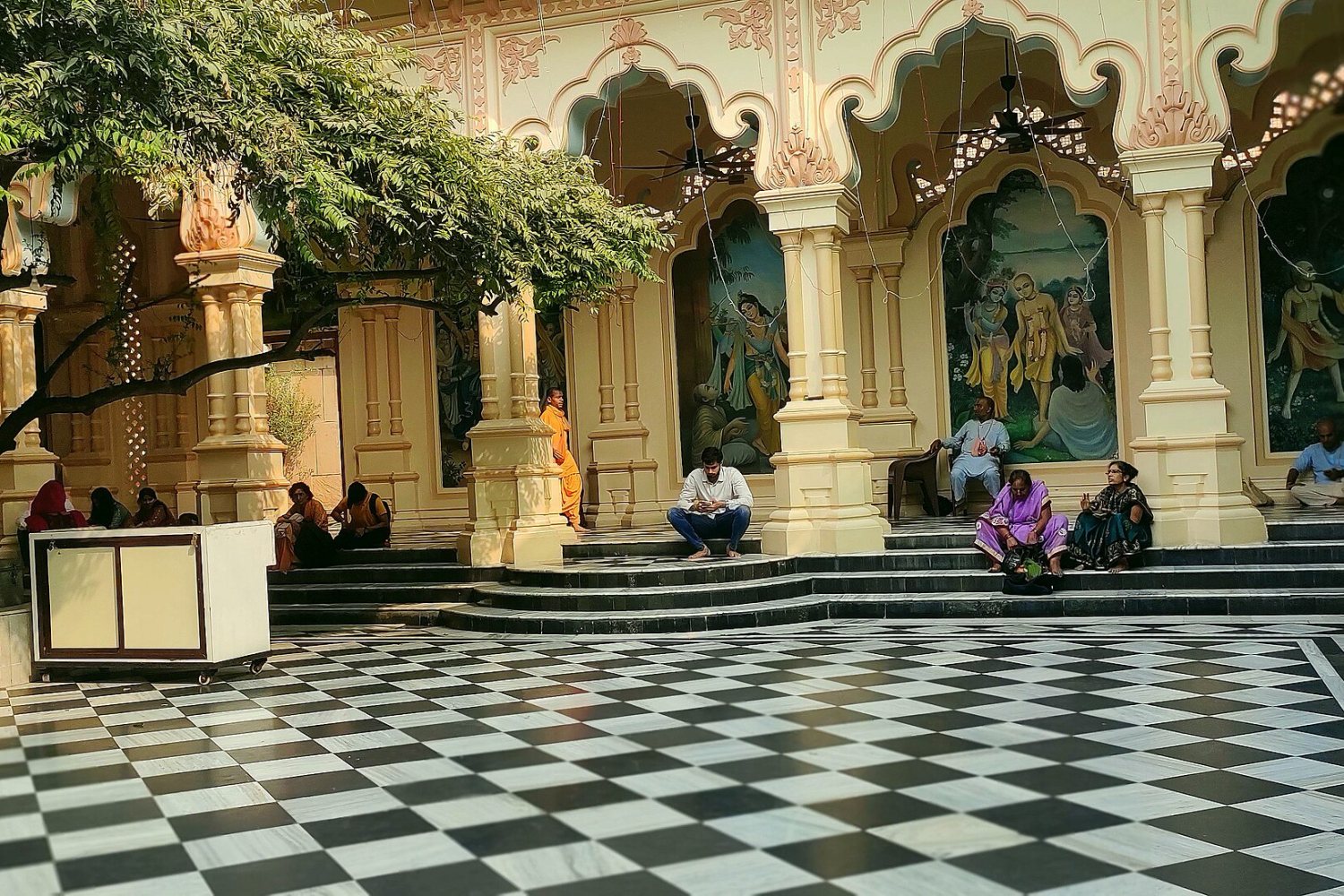 The chequered courtyard of the ISKCON Krishna Balaram Mandir, Vrindavan