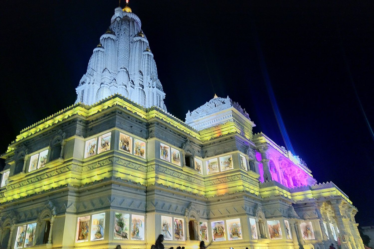 Prem Mandir in Vrindavan lit in colour at night
